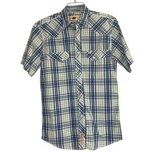 Larry Mahan Shirt Mens M Short Sleeve Blue Green Pearl Snap Plaid Cowboy Western